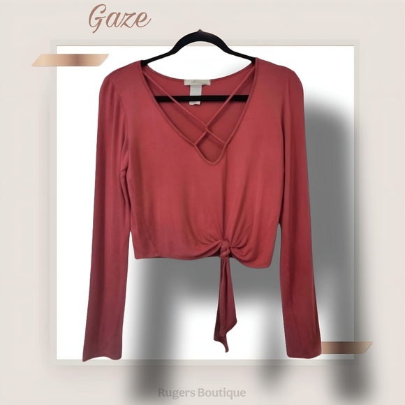 🌿Gaze Women's Small Deep Dusty Rose Crop Top with Crisscross Bodice - Picture 3 of 10